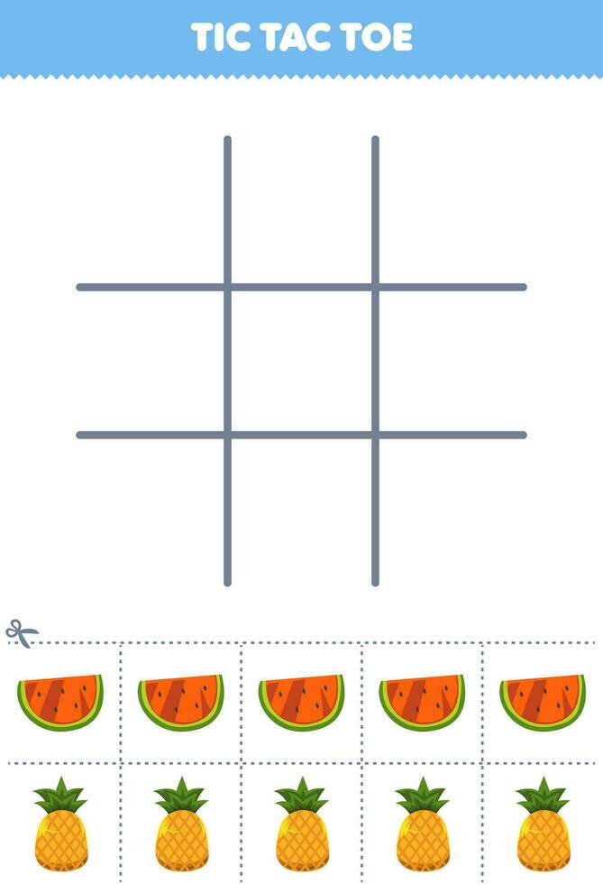 educación juego para niños tic tac dedo del pie conjunto con linda dibujos animados sandía y piña imagen imprimible Fruta hoja de cálculo vector