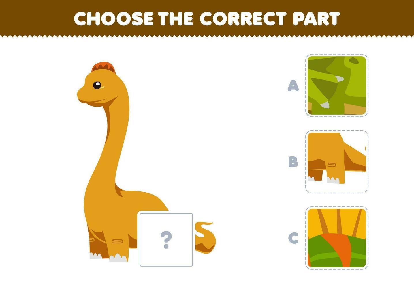 Education game for children choose the correct part to complete a cute cartoon brontosaurus picture printable prehistoric dinosaur worksheet vector