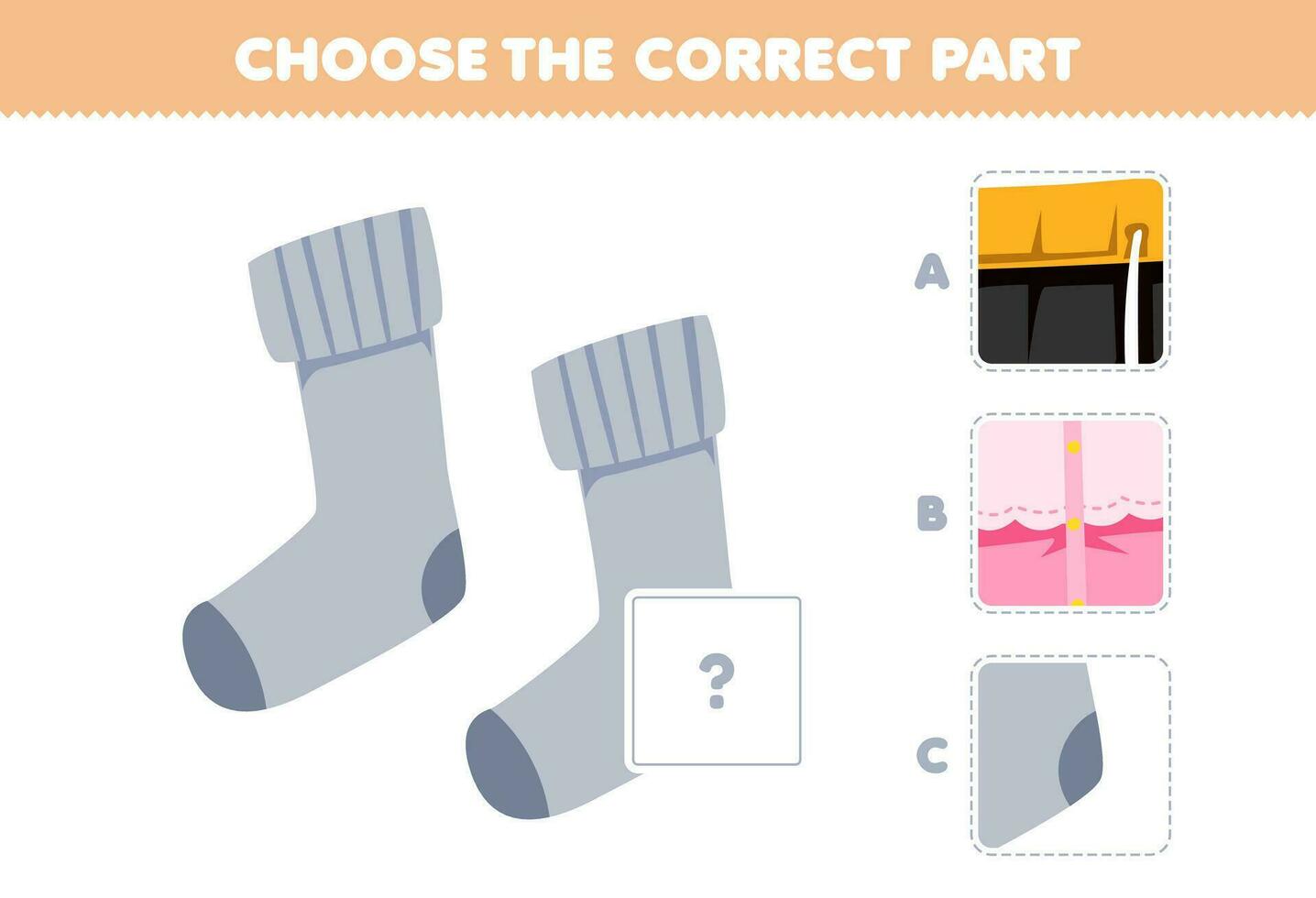 Education game for children choose the correct part to complete a cute cartoon socks picture printable wearable clothes worksheet vector
