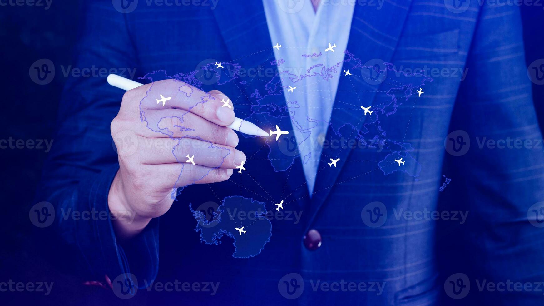 Businessman hand pushing flight booking networking, Hand pressing light blue world map with flight routes airplane, Transportation concept. photo