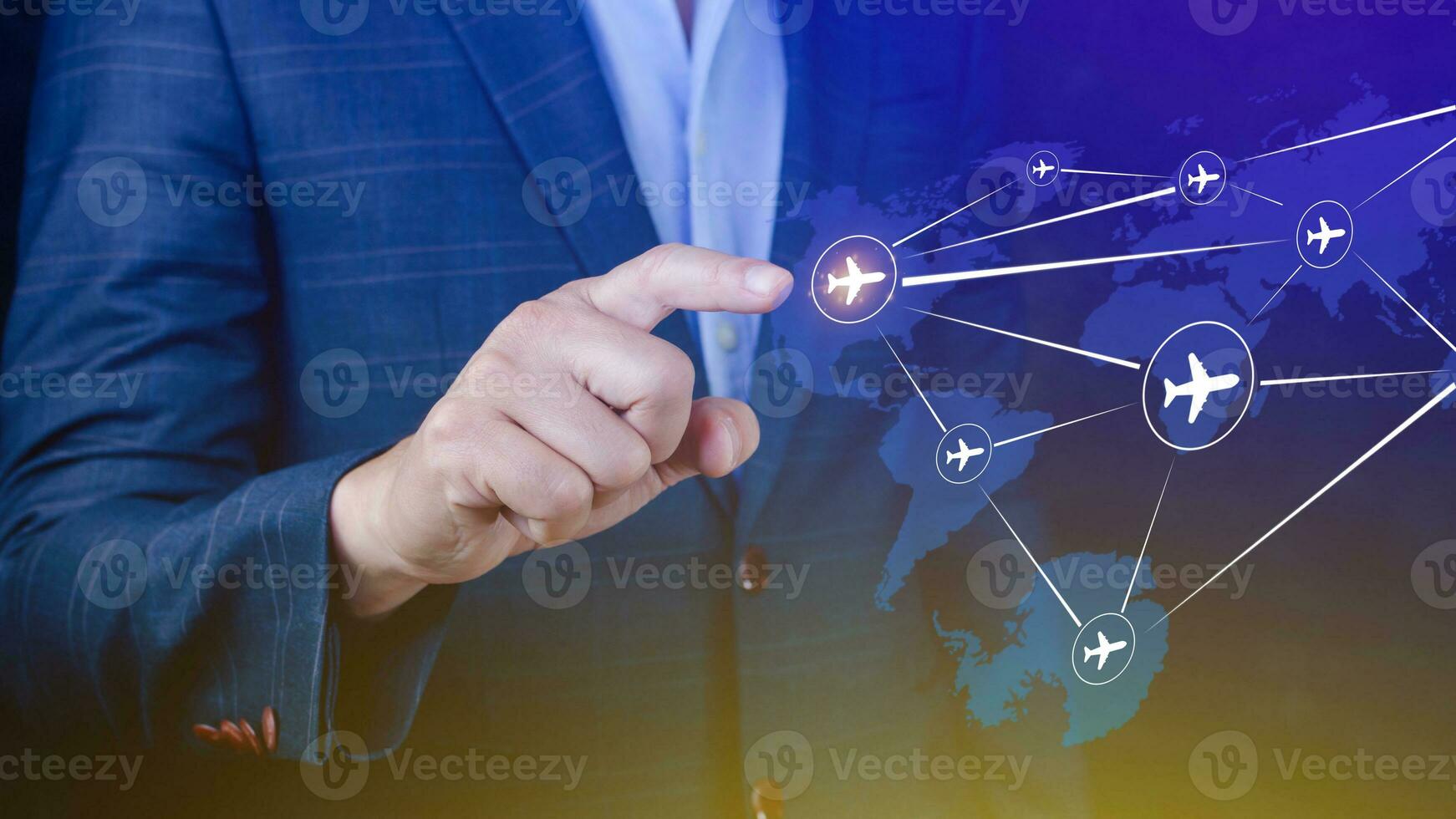 Businessman hand pushing flight booking networking, Hand pressing light blue world map with flight routes airplane, Transportation concept. photo