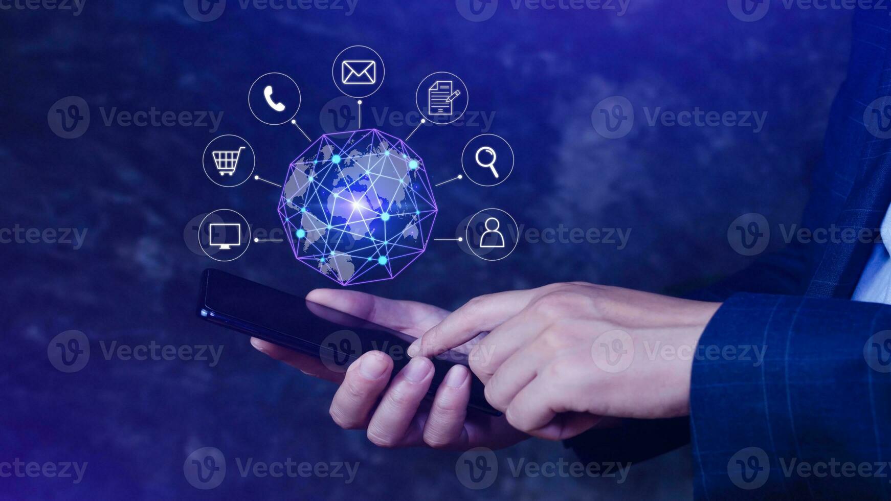 Businessman touching Global network connection digital business hologram on smartphone, Big data analytics and business intelligence concept, Infograph, technology. photo