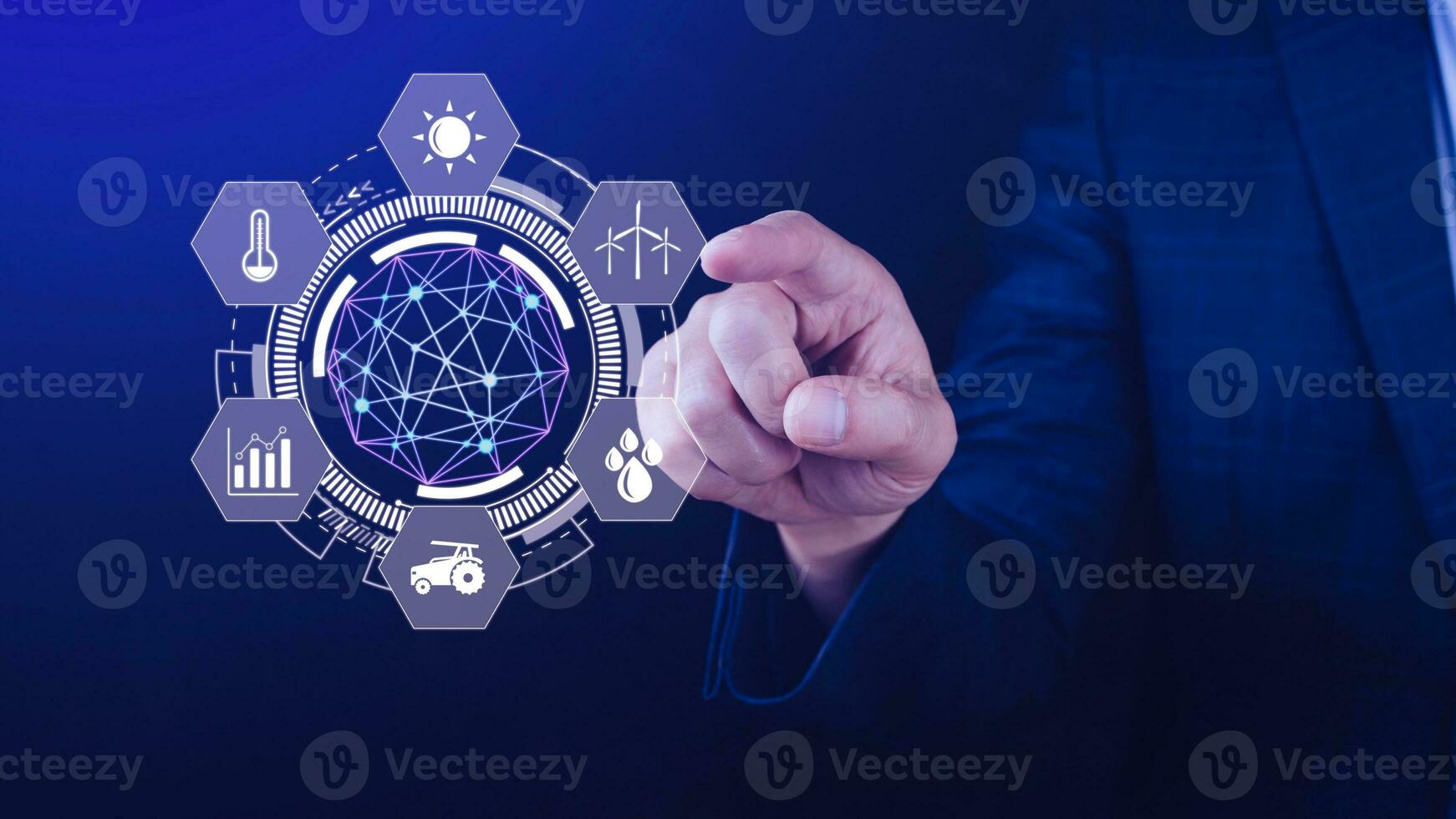 Using hand pressing with infographics Smart farming and precision agriculture with visual icon, Innovation technology for smart farm system, Agriculture management, smart technology concept photo