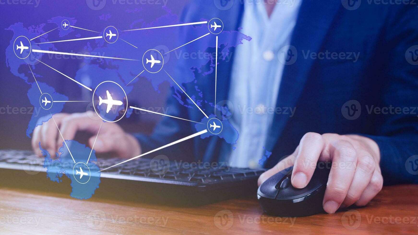 Businessman hand pushing flight booking networking, Hand pressing light blue world map with flight routes airplane, Transportation concept. photo