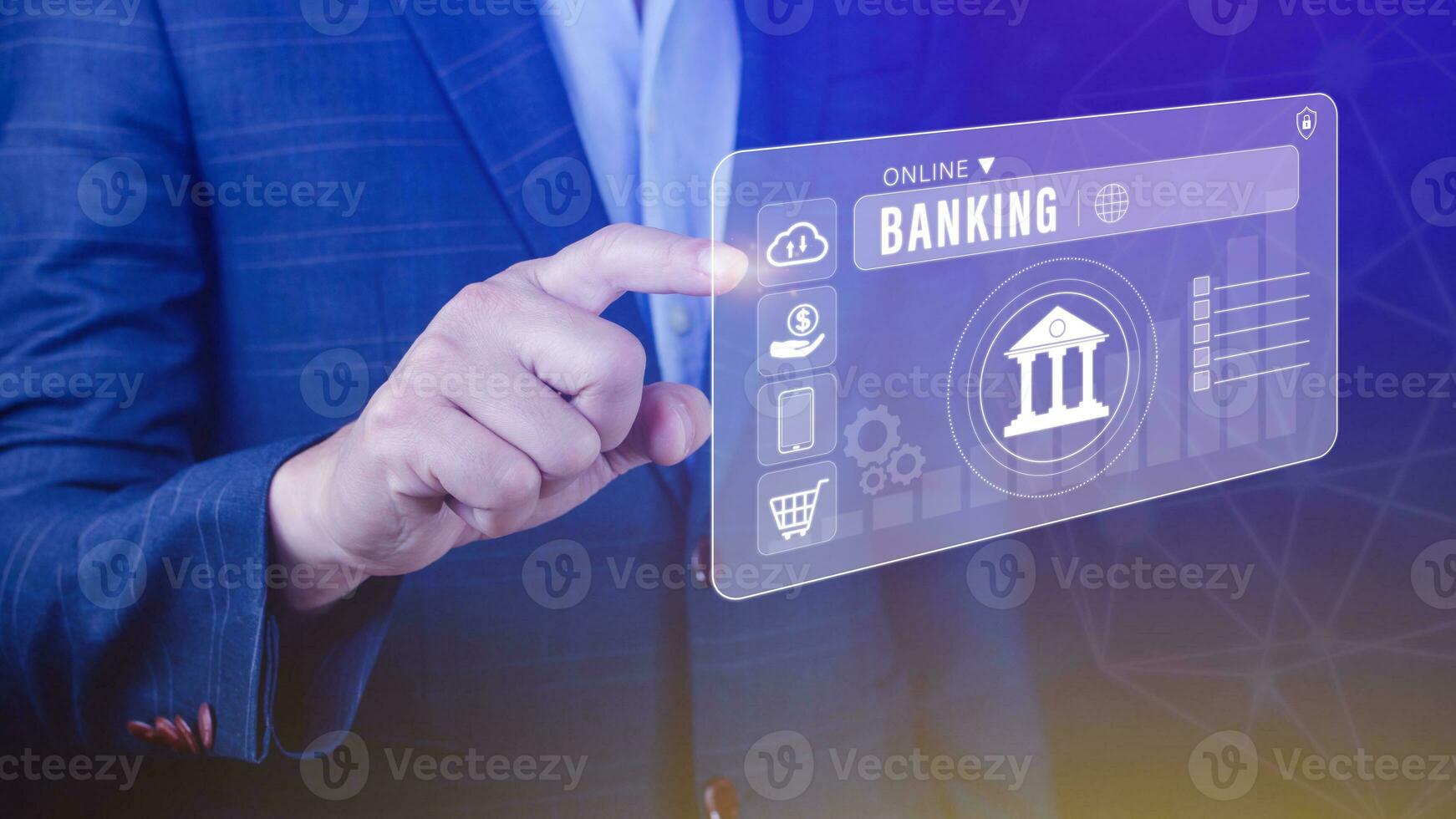 Businessman touches online banking and network connection icons, online payment icons on virtual screen, Internet Online Banking Pay Concept. photo