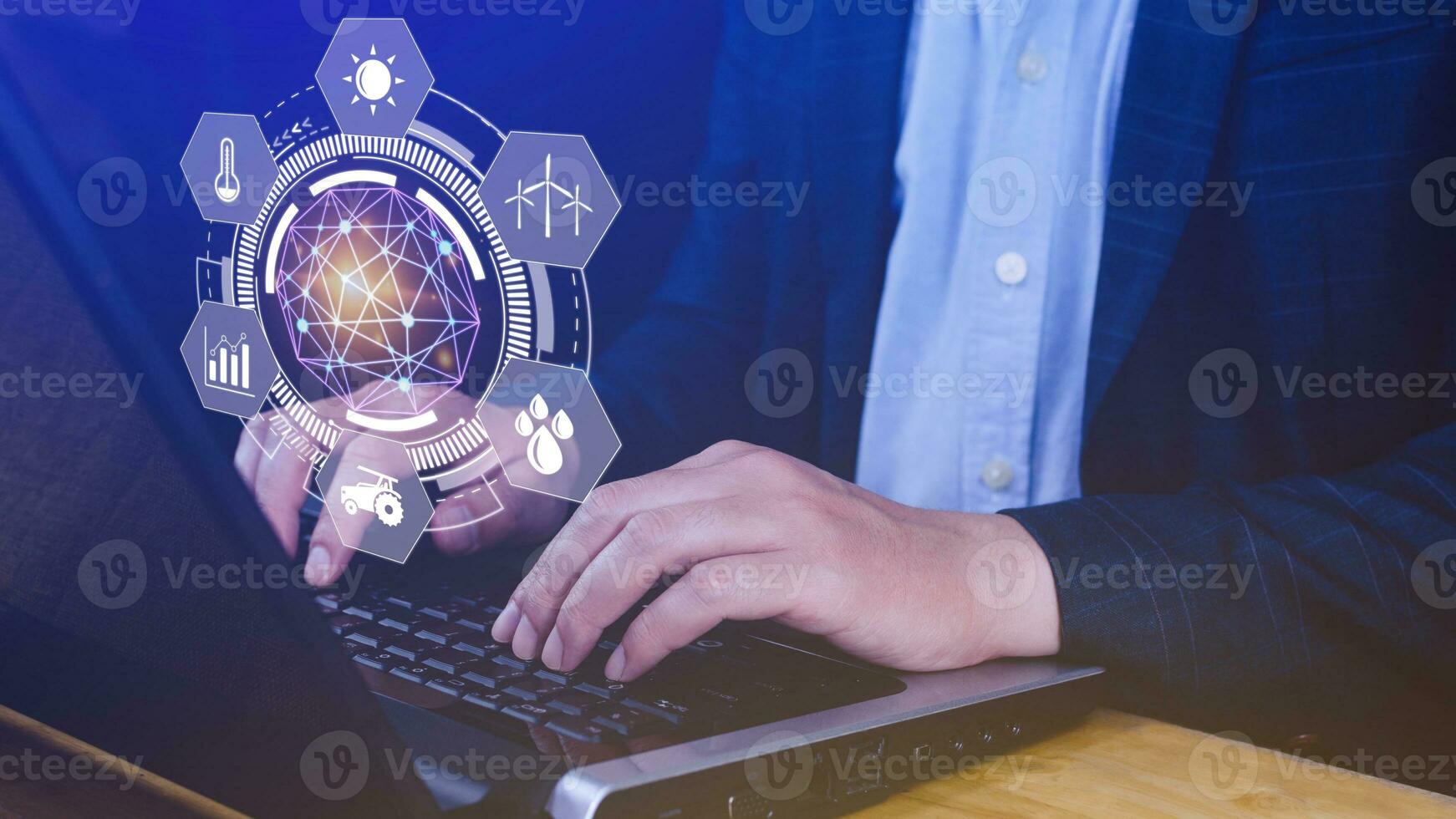 Using hand pressing with infographics Smart farming and precision agriculture with visual icon, Innovation technology for smart farm system, Agriculture management, smart technology concept photo