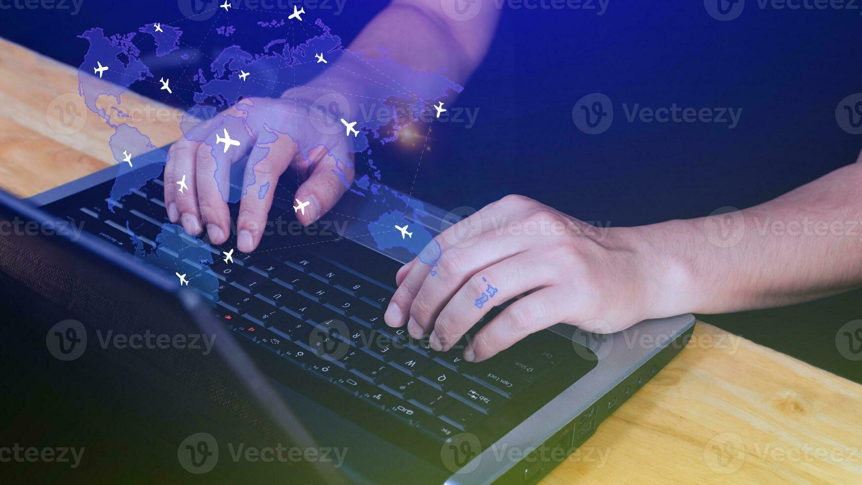 Businessman hand pushing flight booking networking, Hand pressing light blue world map with flight routes airplane, Transportation concept. photo