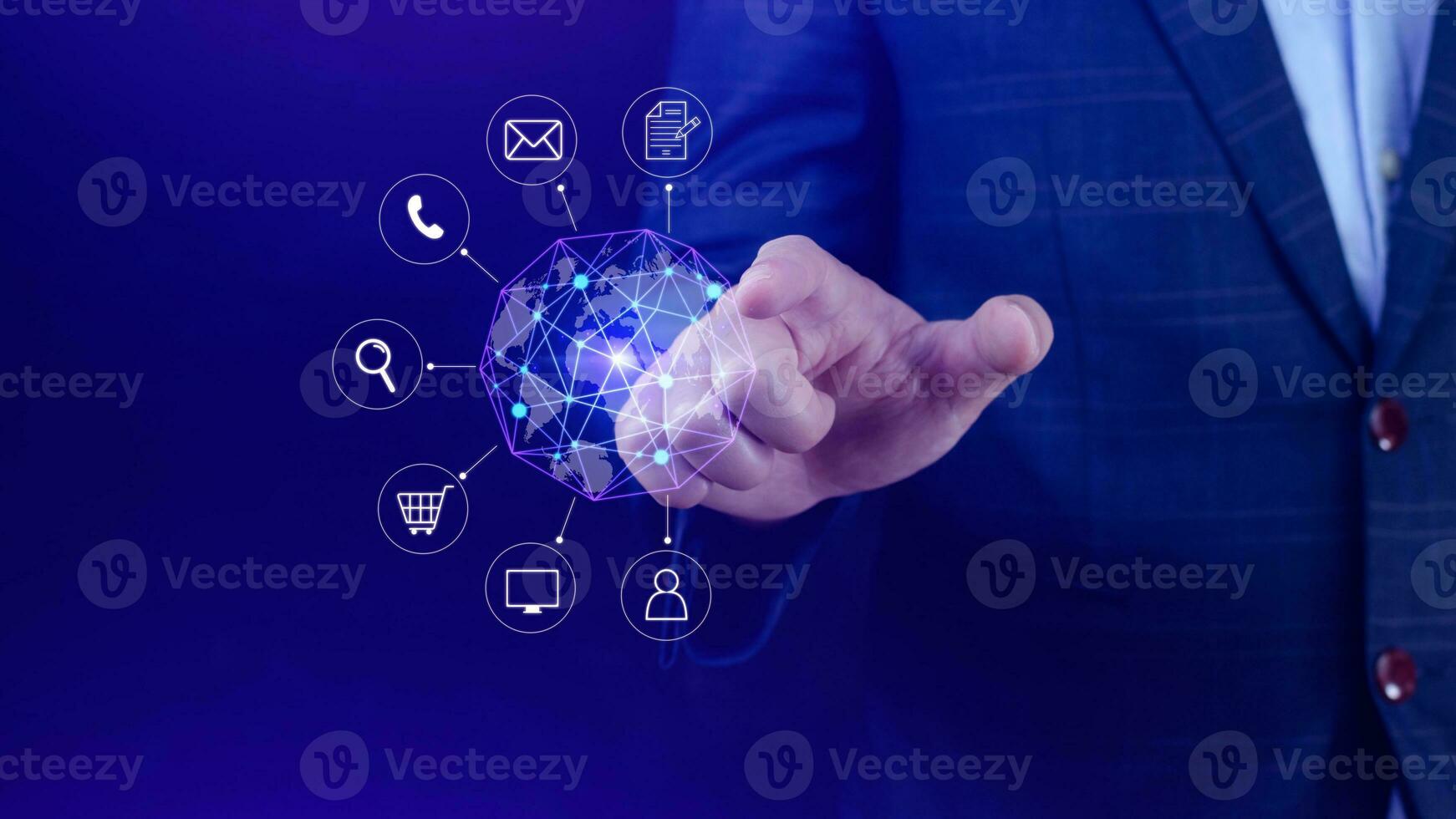 Businessman touching Global network connection digital business hologram, Big data analytics and business intelligence concept, Infograph, technology. photo