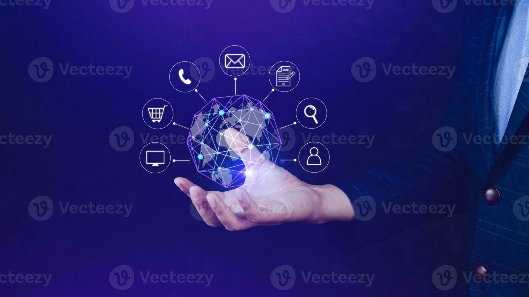 Businessman holding Global network connection digital business hologram, Big data analytics and business intelligence concept, Infograph, technology. photo