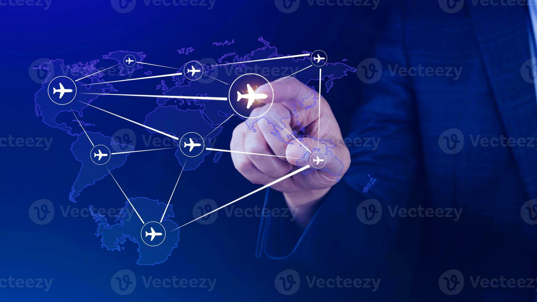 Businessman hand pushing flight booking networking, Hand pressing light blue world map with flight routes airplane, Transportation concept. photo