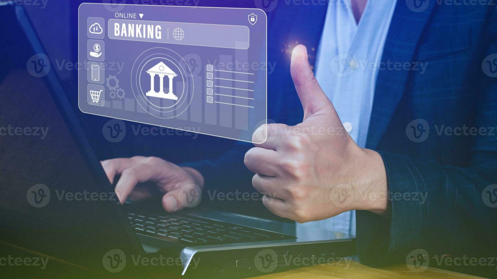 Businessman touches online banking and network connection icons, online payment icons on virtual screen, Internet Online Banking Pay Concept. photo