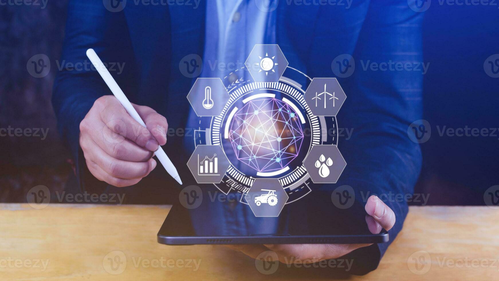 Using hand pressing with infographics Smart farming and precision agriculture with visual icon, Innovation technology for smart farm system, Agriculture management, smart technology concept photo