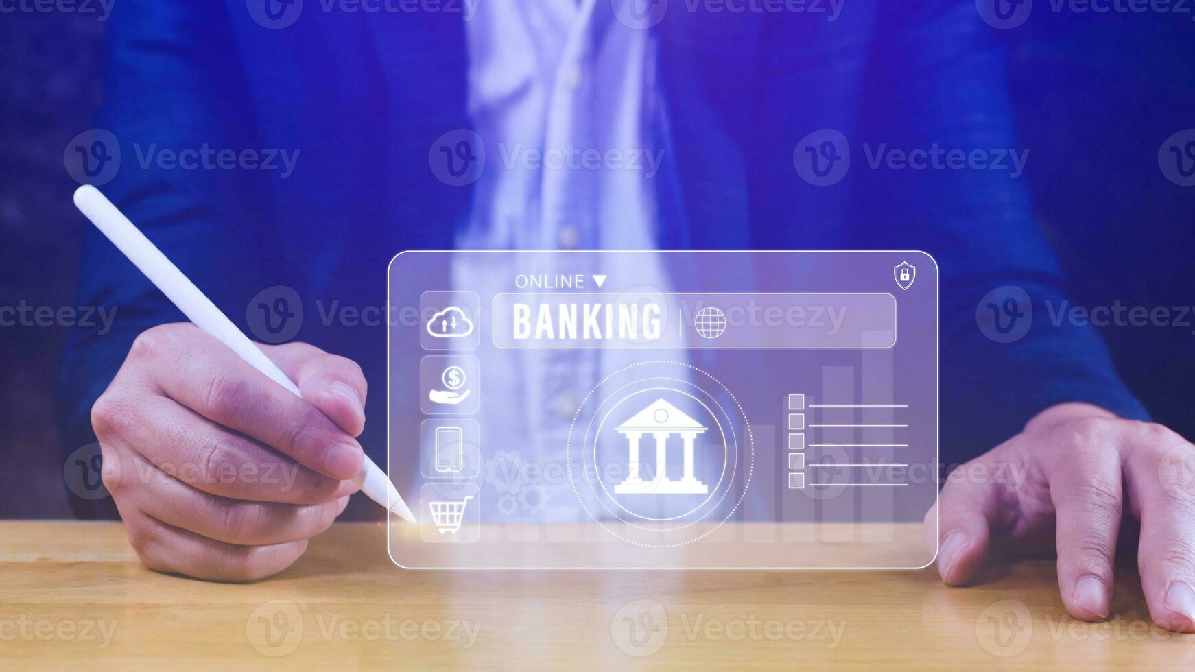 Businessman touches online banking and network connection icons, online payment icons on virtual screen, Internet Online Banking Pay Concept. photo