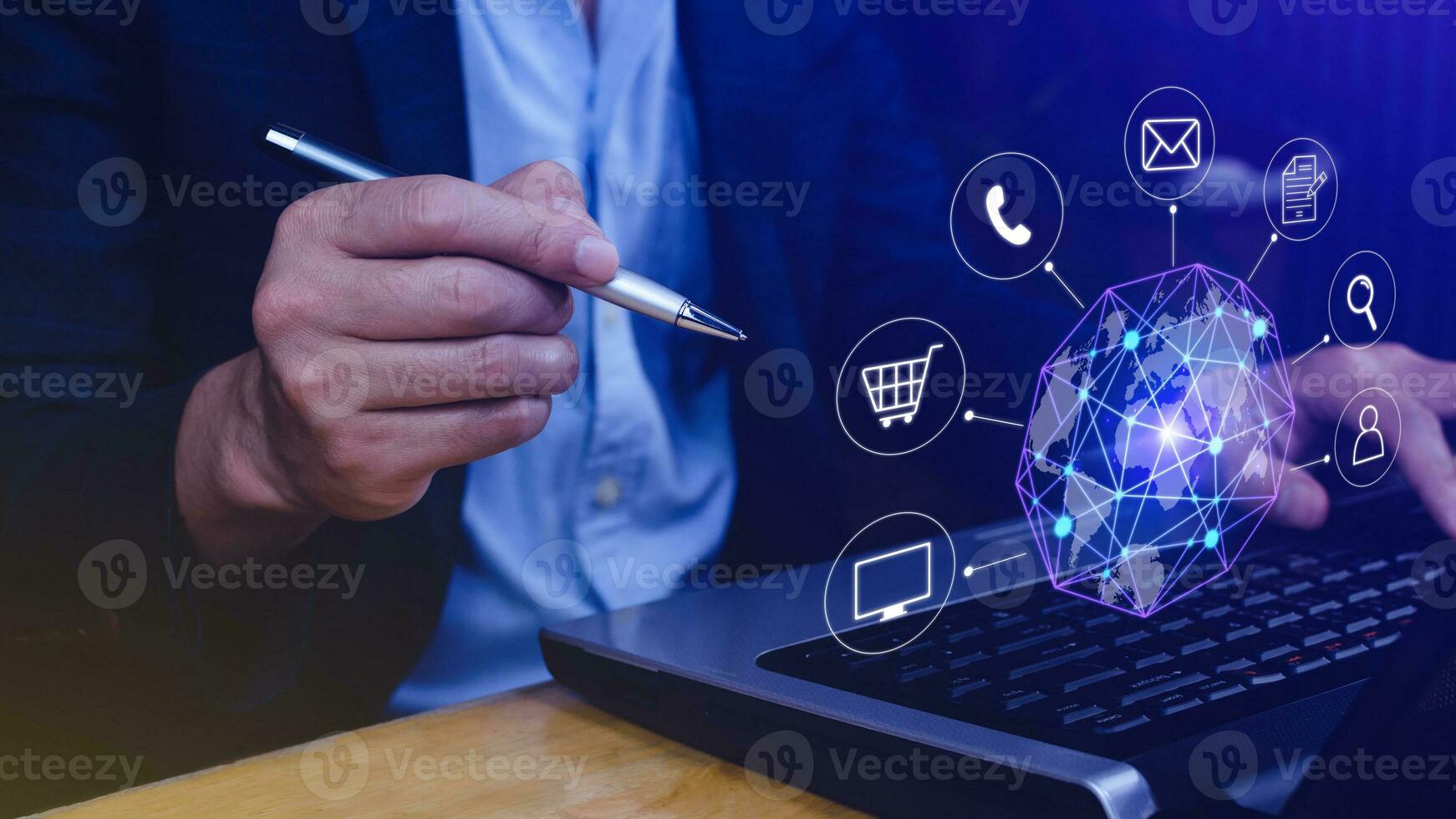 Businessman touching Global network connection digital business hologram, Big data analytics and business intelligence concept, Infograph, technology. photo