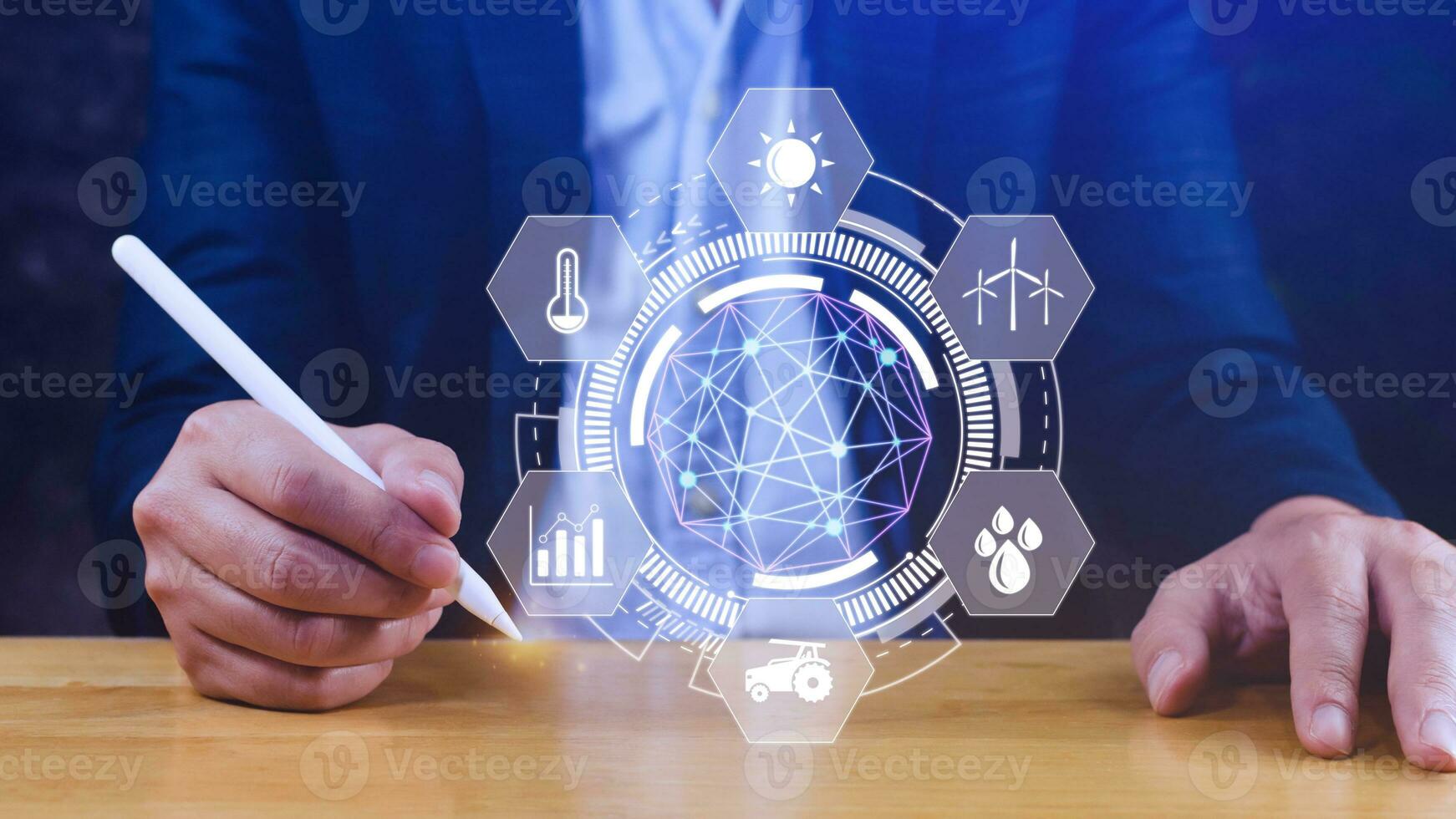 Using hand pressing with infographics Smart farming and precision agriculture with visual icon, Innovation technology for smart farm system, Agriculture management, smart technology concept photo