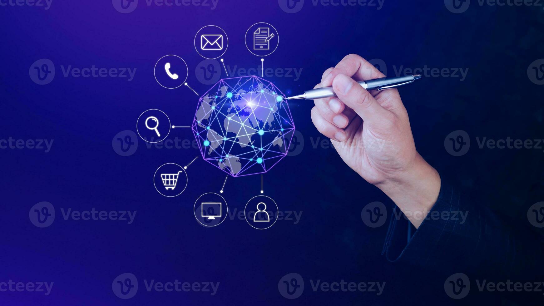 Businessman touching Global network connection digital business hologram, Big data analytics and business intelligence concept, Infograph, technology. photo