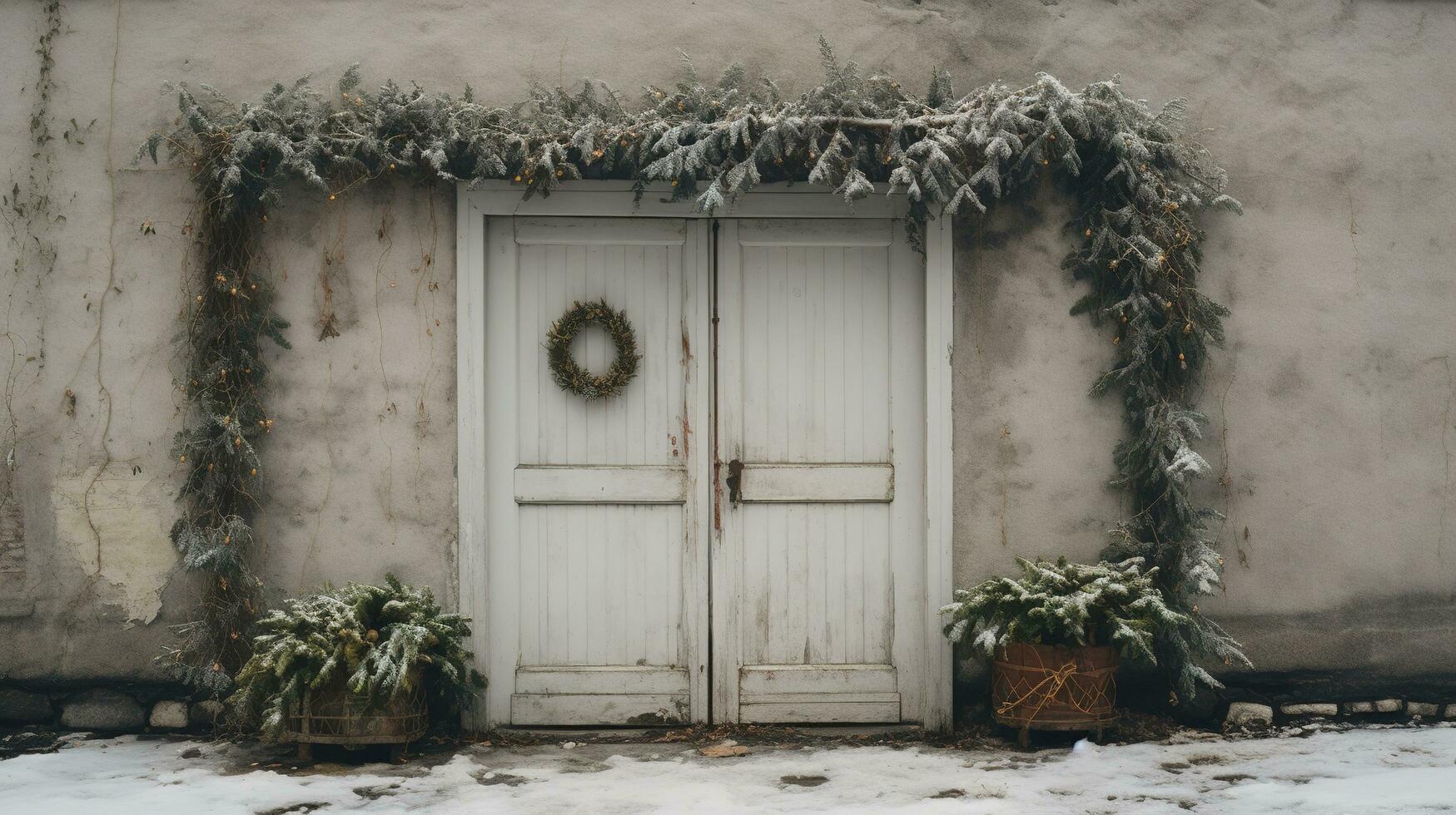 Generative AI, House front in the winter with Christmas decoration, wreath and garland. Snow cosy season photo