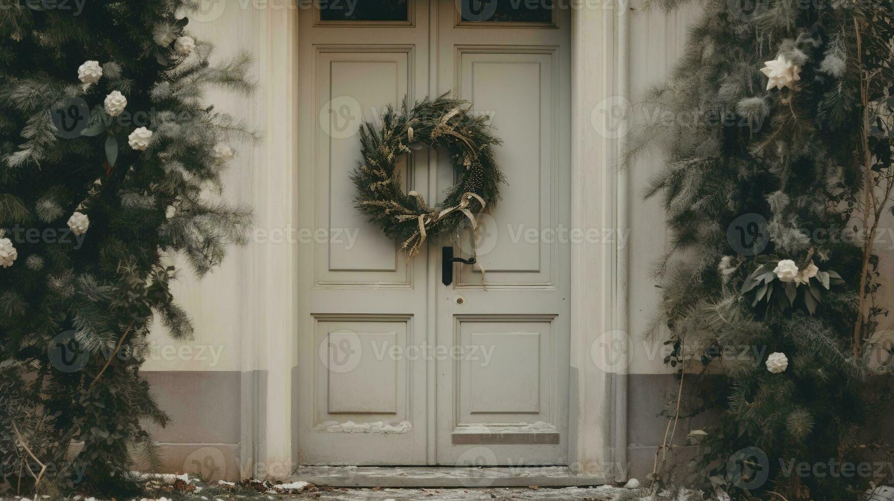 Generative AI, House front in the winter with Christmas decoration, wreath and garland. Snow cosy season photo