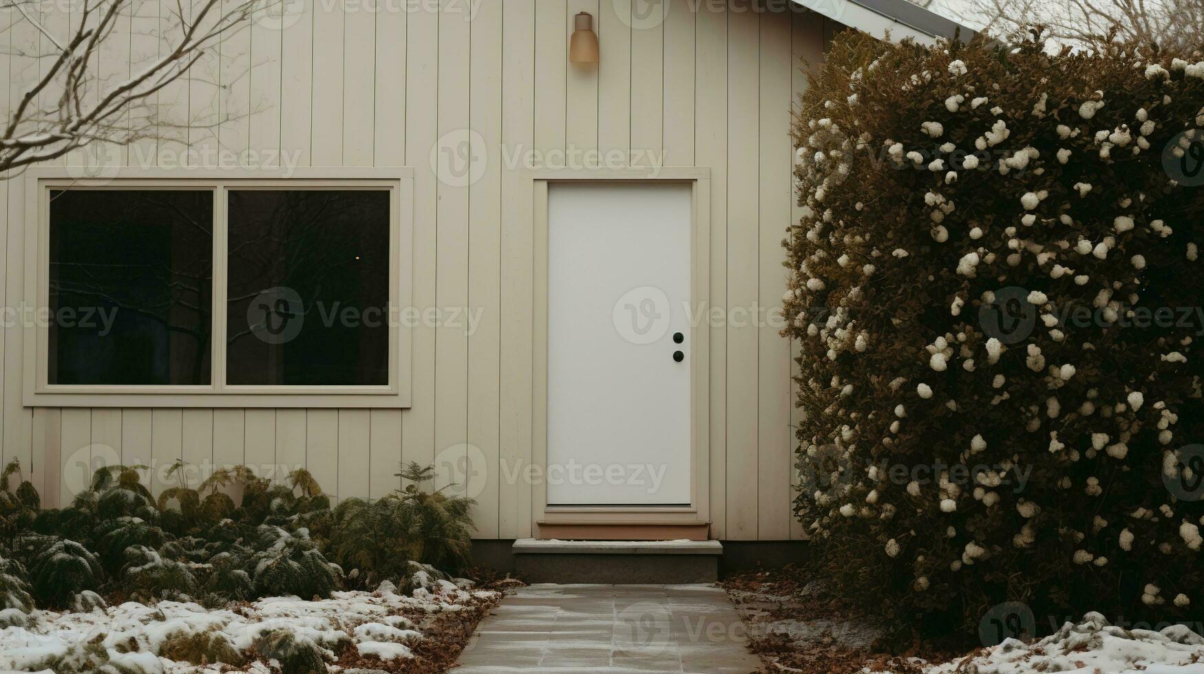 Generative AI, House front in the winter with Christmas decoration, wreath and garland. Snow cosy season photo