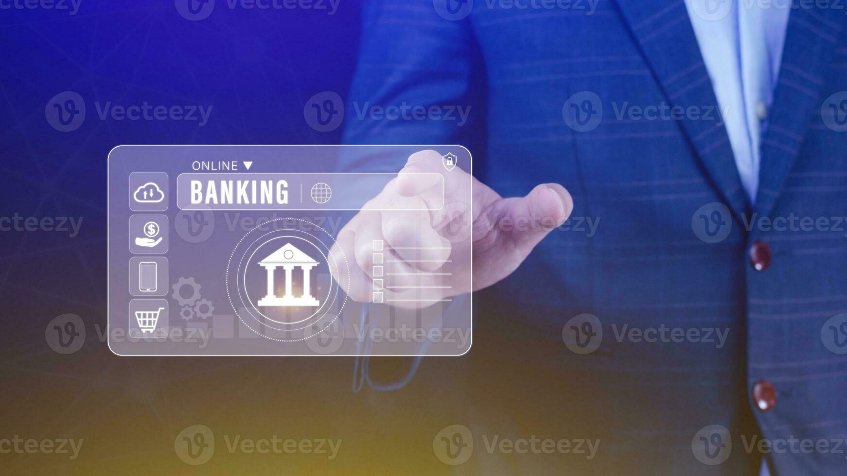 Businessman touches online banking and network connection icons, online payment icons on virtual screen, Internet Online Banking Pay Concept. photo