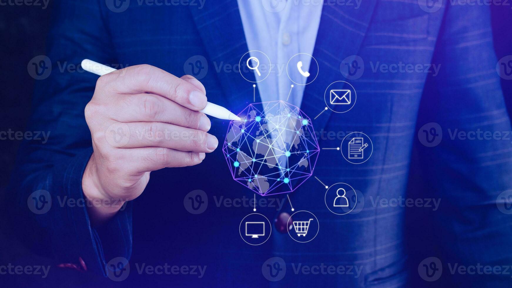 Businessman touching Global network connection digital business hologram, Big data analytics and business intelligence concept, Infograph, technology. photo