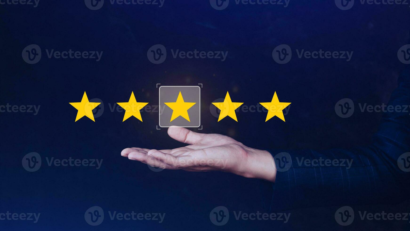 5 star rating. Businessman customer giving five star rating, Review, Service rating, Satisfaction, Customer service experience and feedback review satisfaction. photo