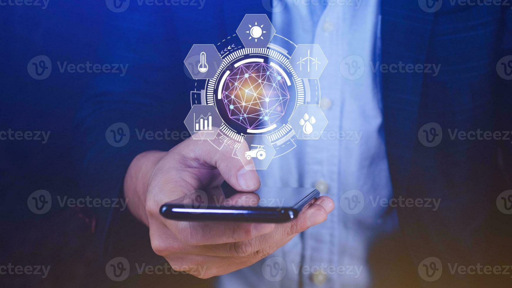 Using hand pressing with infographics smart farming and precision agriculture with visual icon on smartphone, Innovation technology for smart farm system, Agriculture management, smart technology photo