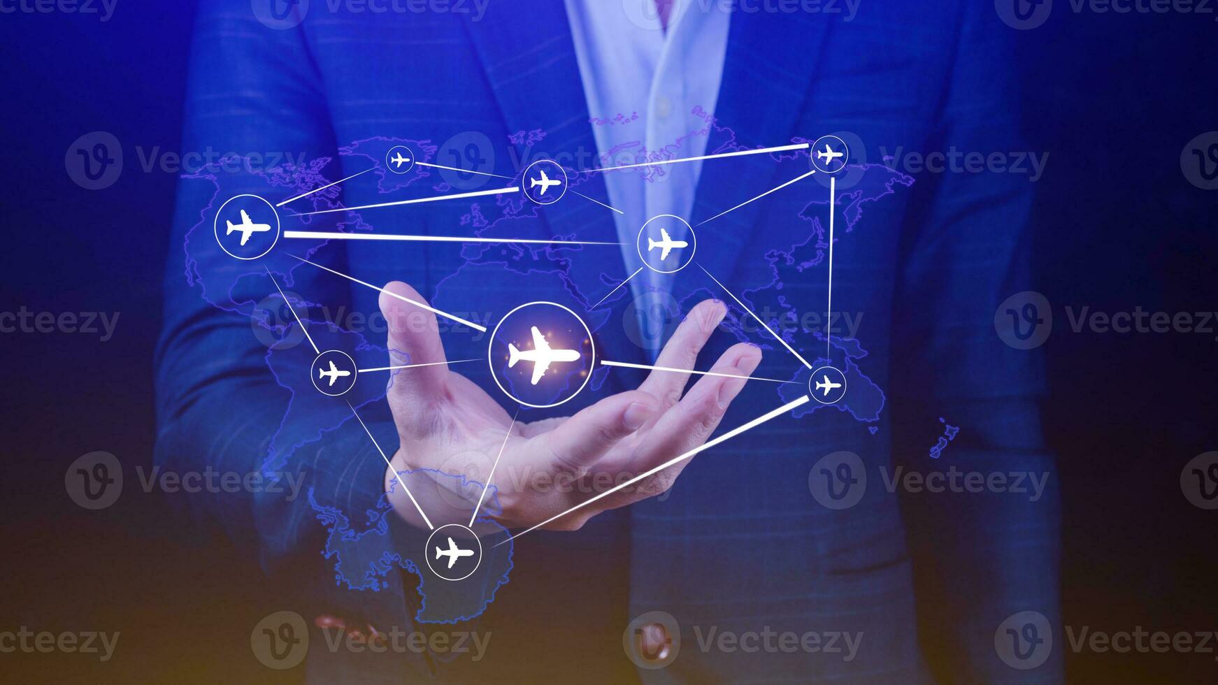 Businessman hand pushing flight booking networking, Hand pressing light blue world map with flight routes airplane, Transportation concept. photo