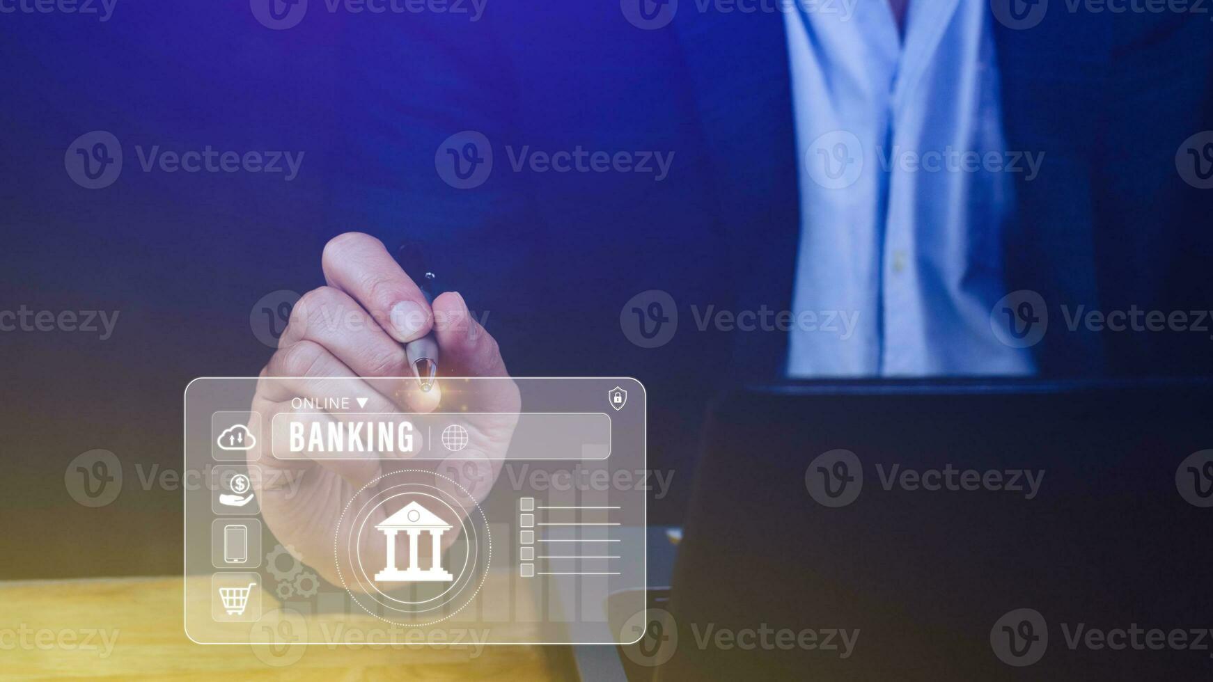 Businessman touches online banking and network connection icons, online payment icons on virtual screen, Internet Online Banking Pay Concept. photo