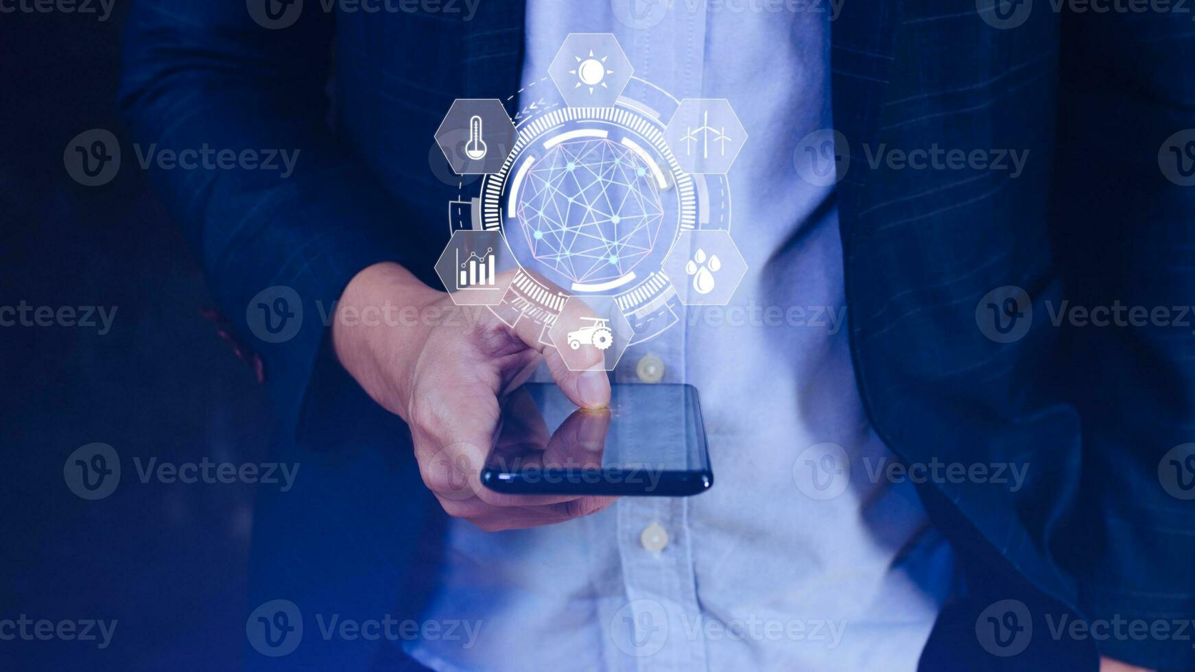 Using hand pressing with infographics smart farming and precision agriculture with visual icon on smartphone, Innovation technology for smart farm system, Agriculture management, smart technology photo