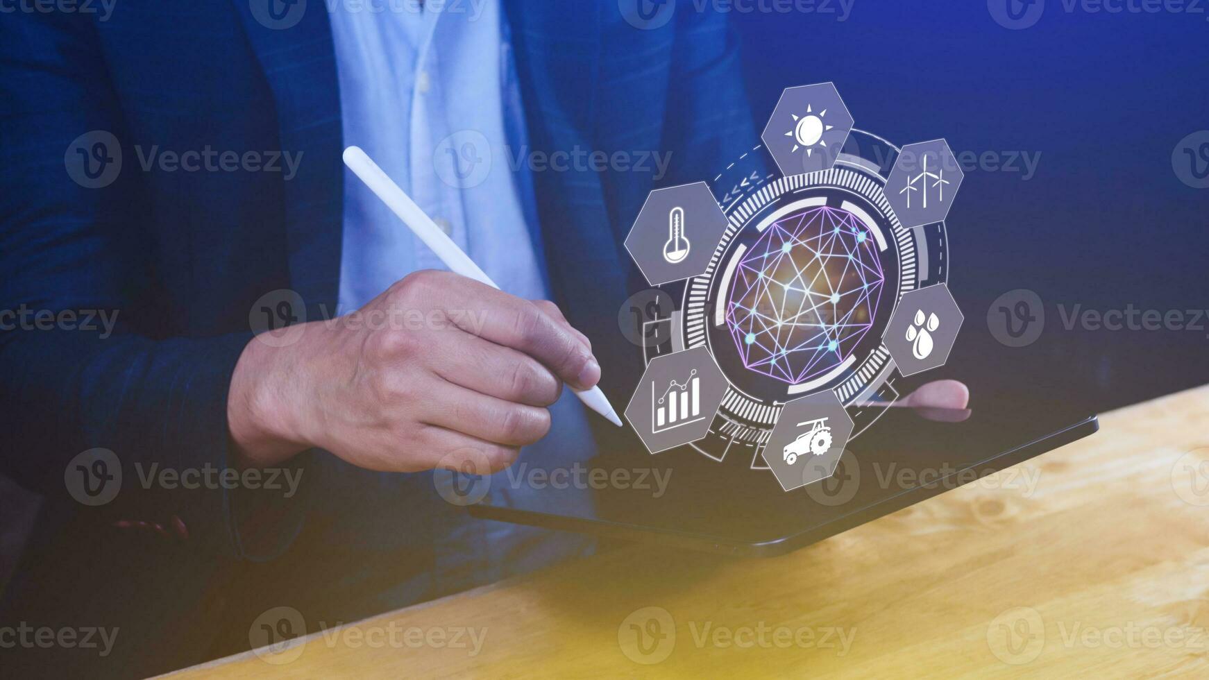 Using hand pressing with infographics Smart farming and precision agriculture with visual icon, Innovation technology for smart farm system, Agriculture management, smart technology concept photo