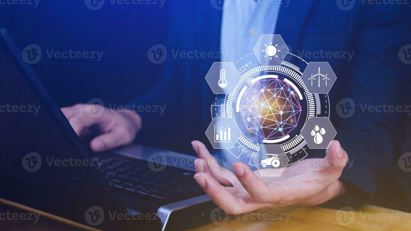 Using hand holding with infographics Smart farming and precision agriculture with visual icon, Innovation technology for smart farm system, Agriculture management, smart technology concept photo