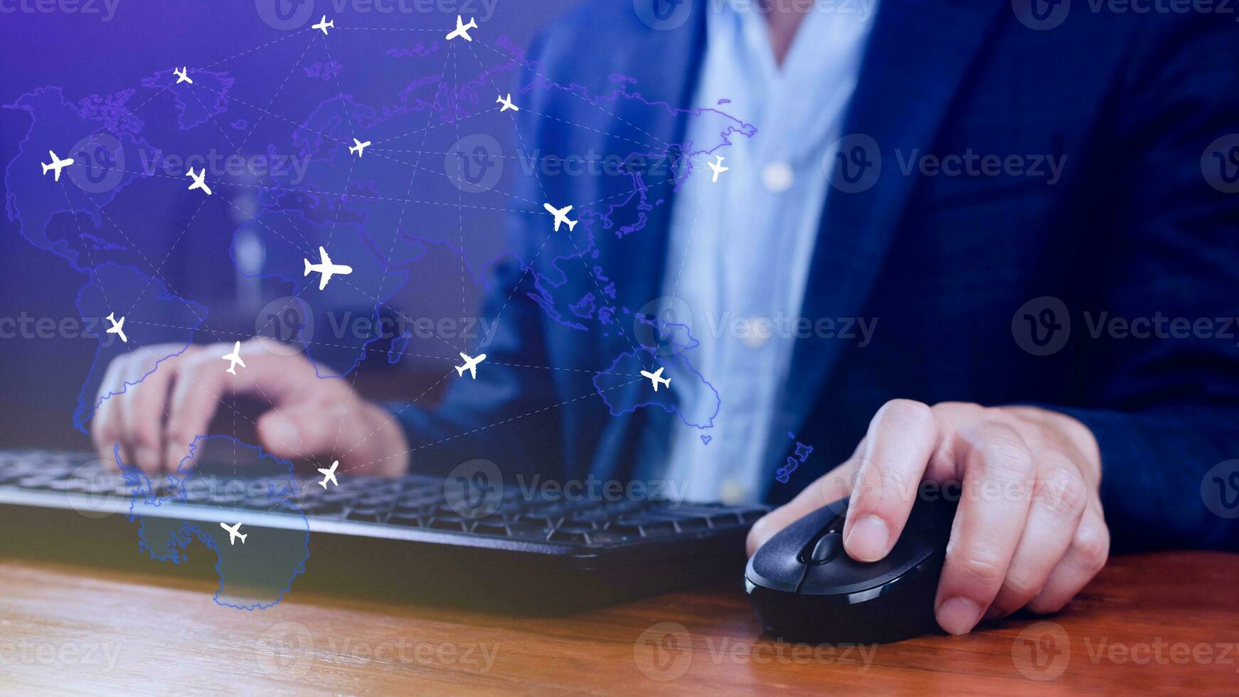 Businessman hand pushing flight booking networking, Hand pressing light blue world map with flight routes airplane, Transportation concept. photo
