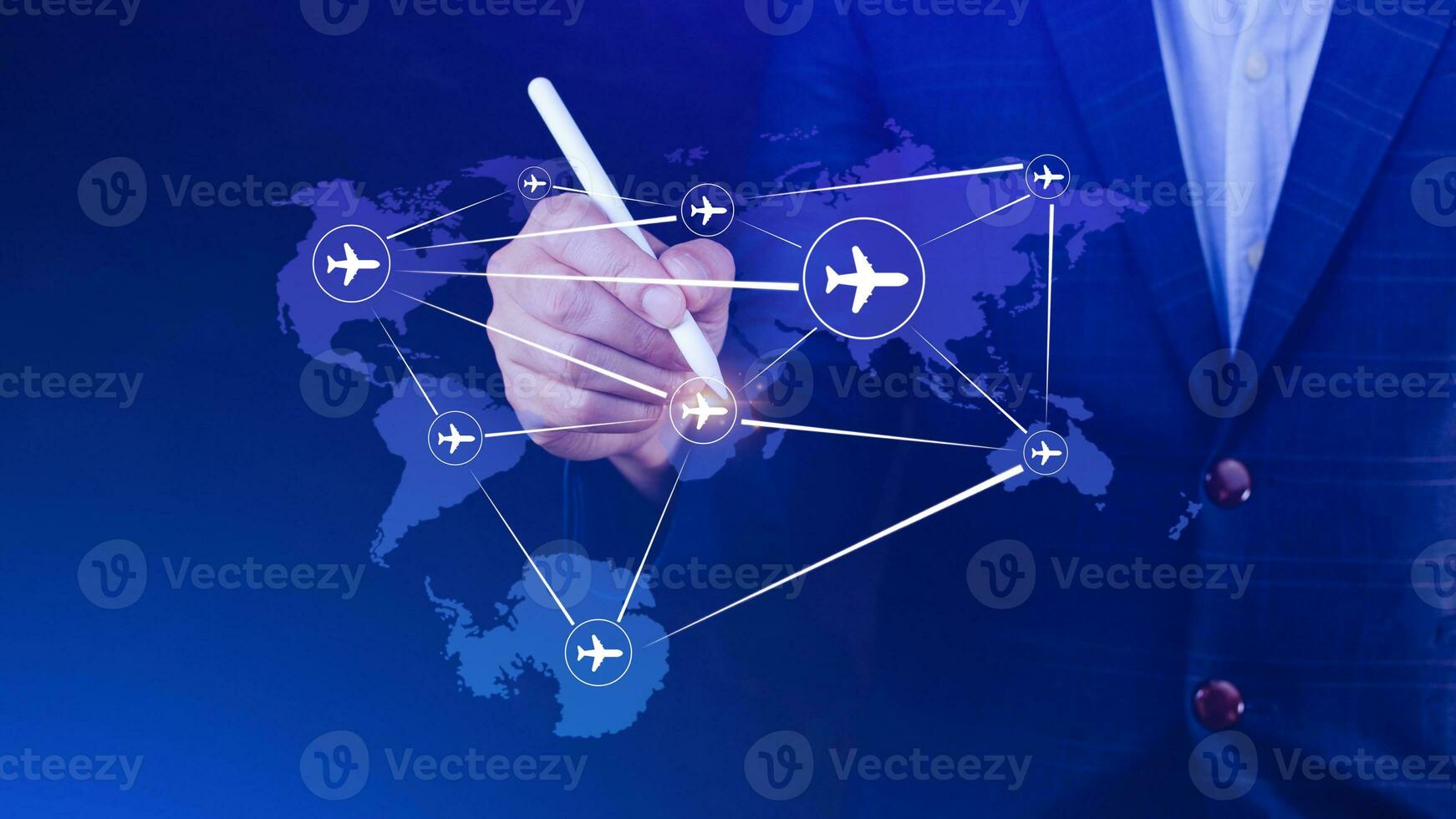 Businessman hand pushing flight booking networking, Hand pressing light blue world map with flight routes airplane, Transportation concept. photo