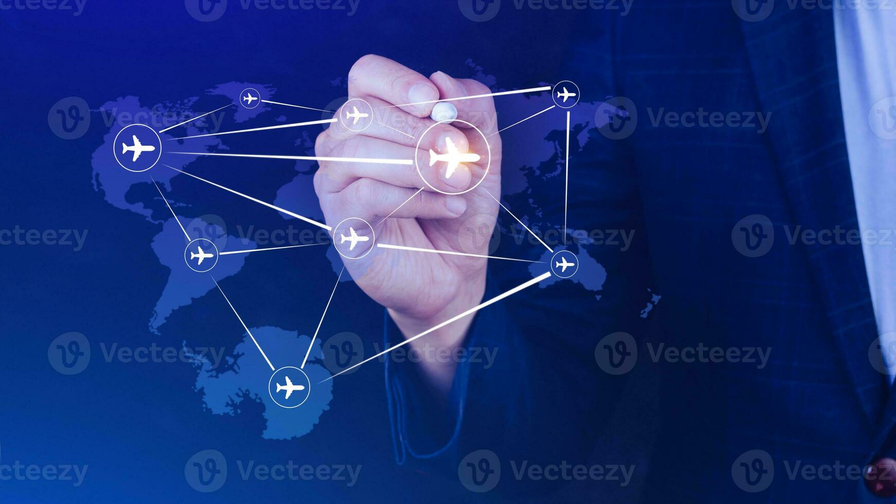 Businessman hand pushing flight booking networking, Hand pressing light blue world map with flight routes airplane, Transportation concept. photo