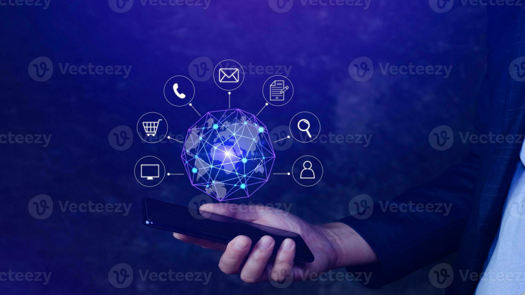 Businessman touching Global network connection digital business hologram on smartphone, Big data analytics and business intelligence concept, Infograph, technology. photo