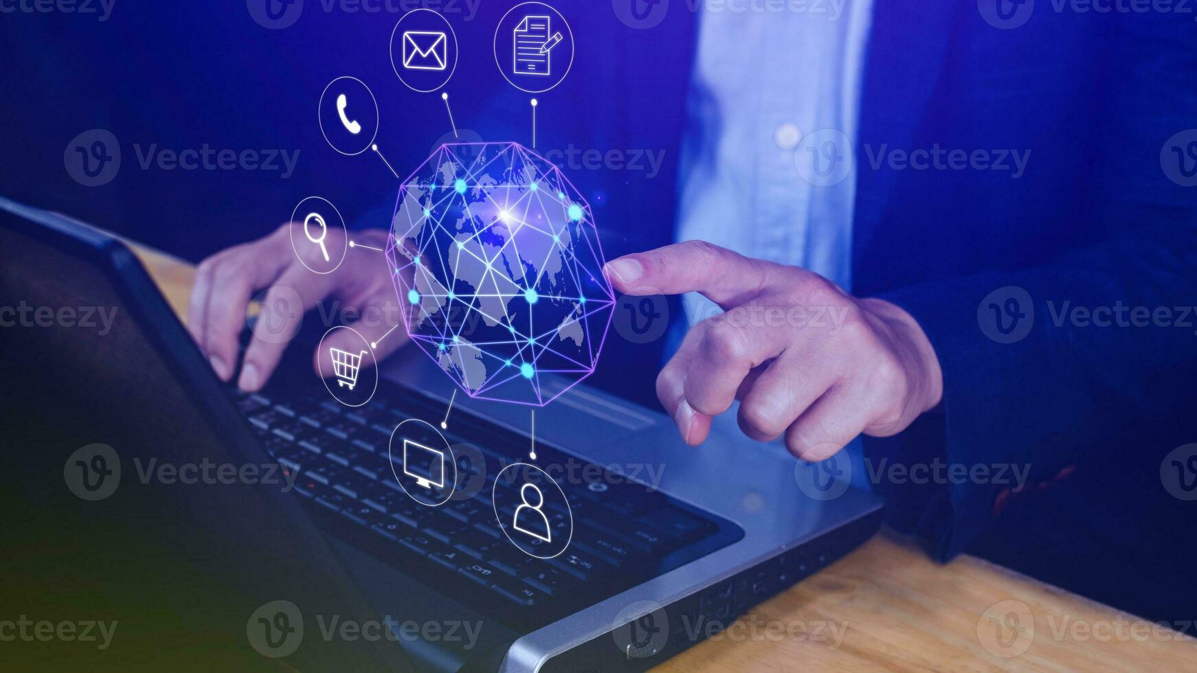 Businessman touching Global network connection digital business hologram, Big data analytics and business intelligence concept, Infograph, technology. photo
