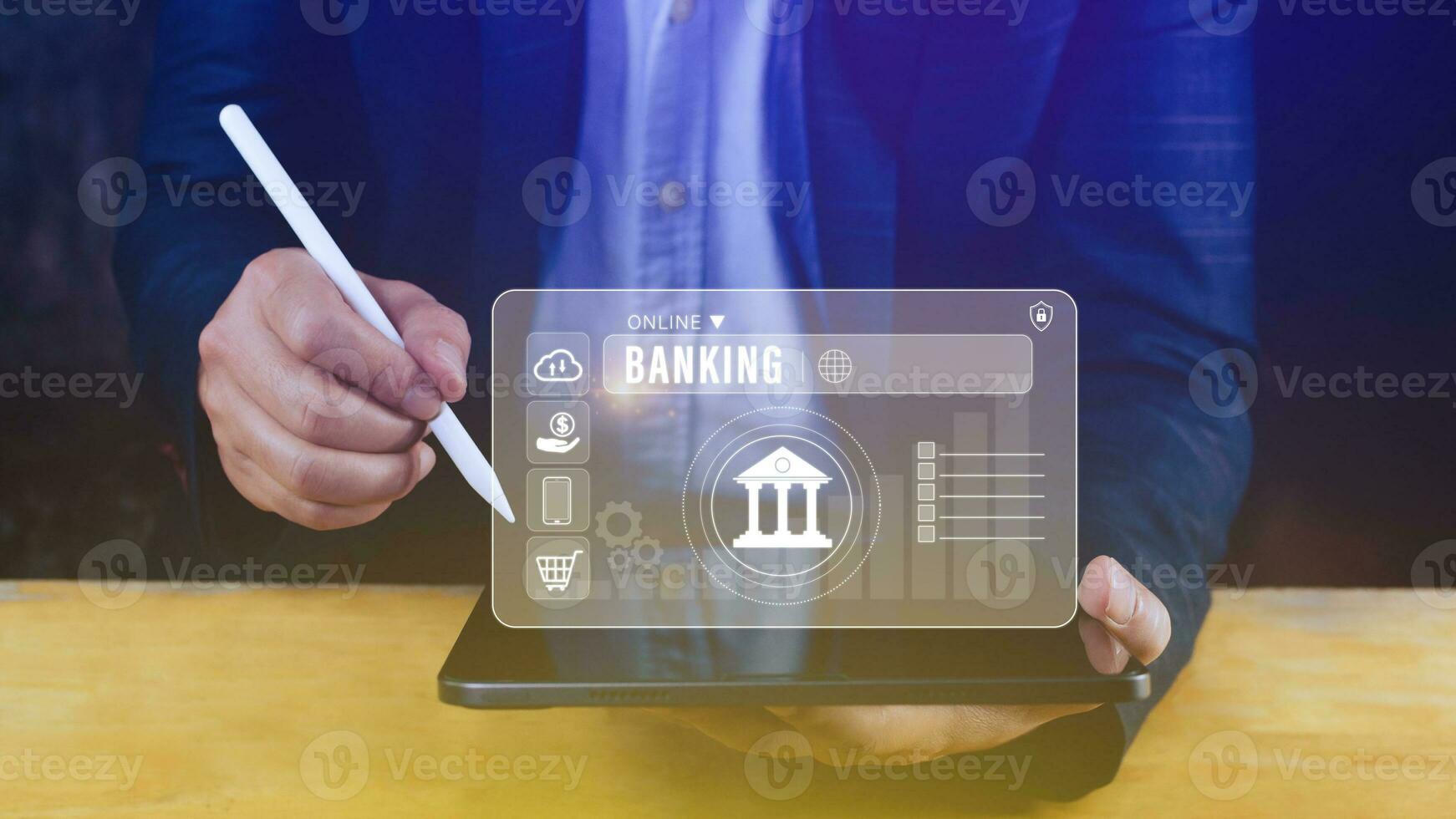 Businessman touches online banking and network connection icons, online payment icons on virtual screen, Internet Online Banking Pay Concept. photo