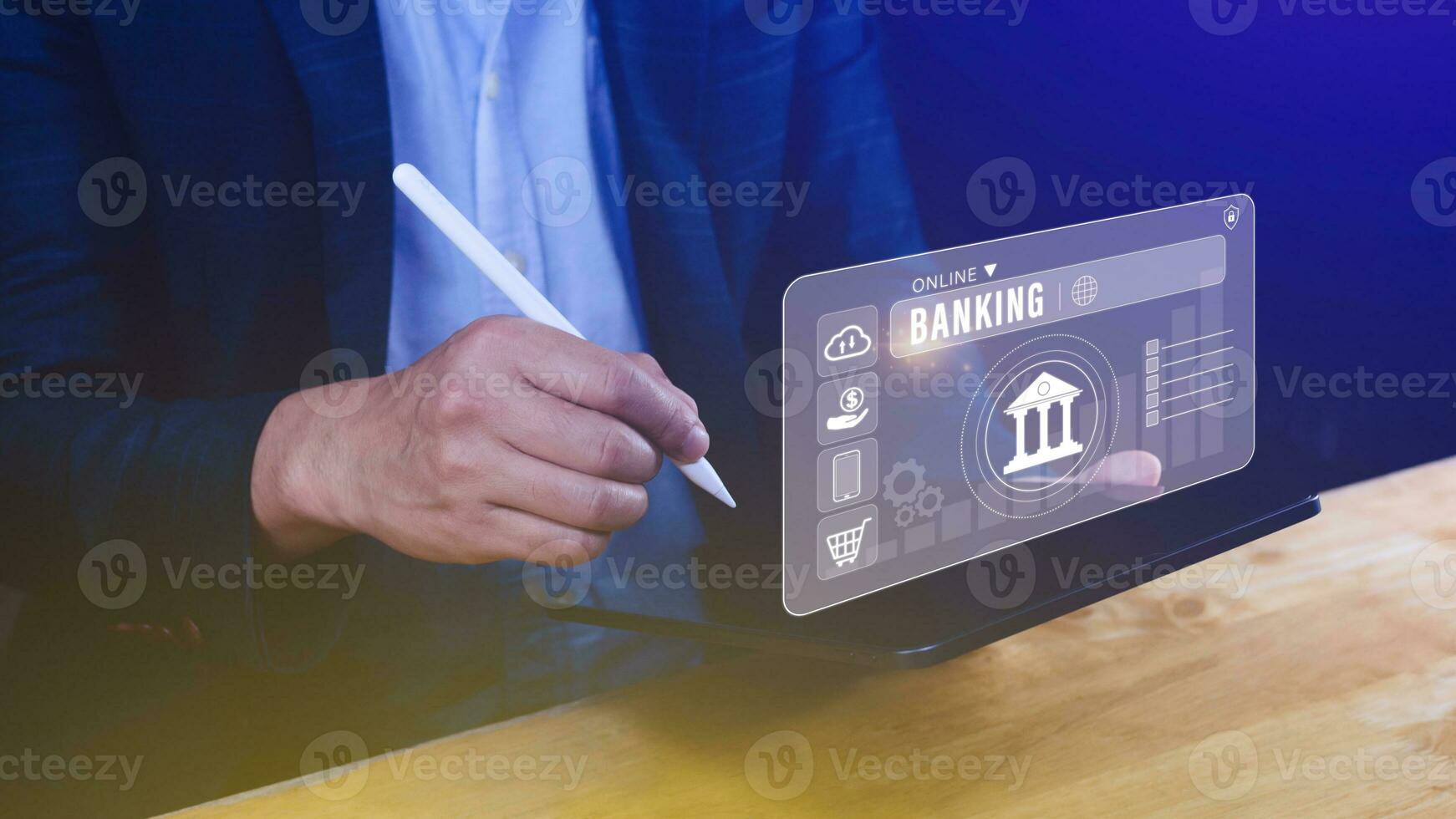 empresario toques en línea bancario y red conexión iconos, en línea pago íconos en virtual pantalla, Internet en línea bancario pagar concepto. foto