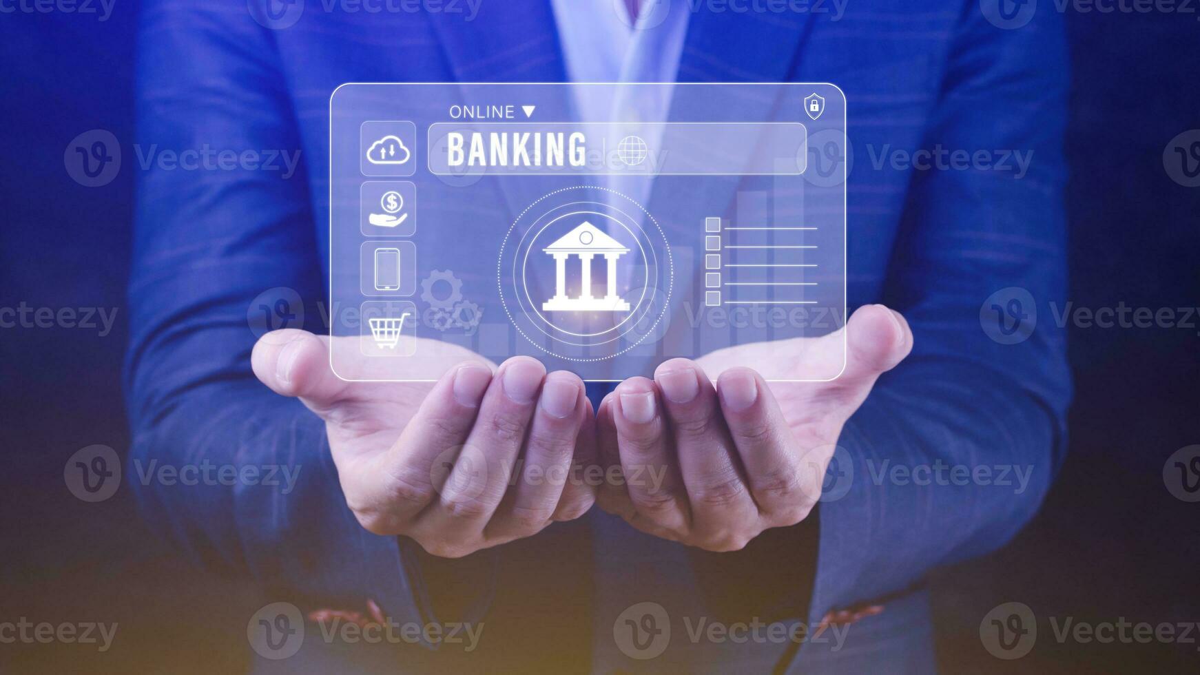 Businessman touches online banking and network connection icons, online payment icons on virtual screen, Internet Online Banking Pay Concept. photo