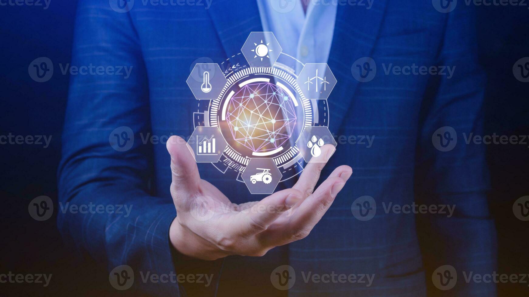 Using hand holding with infographics Smart farming and precision agriculture with visual icon, Innovation technology for smart farm system, Agriculture management, smart technology concept photo
