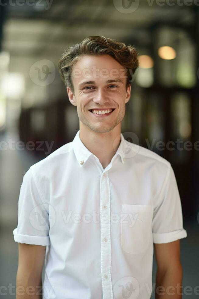 A handsome young man wearing a white shirt standing in the street smiling at the camera. AI Generated photo