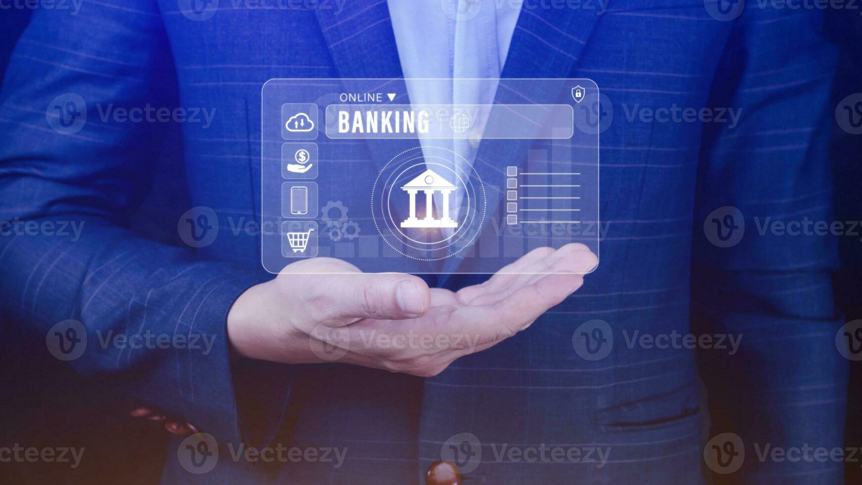 empresario toques en línea bancario y red conexión iconos, en línea pago íconos en virtual pantalla, Internet en línea bancario pagar concepto. foto