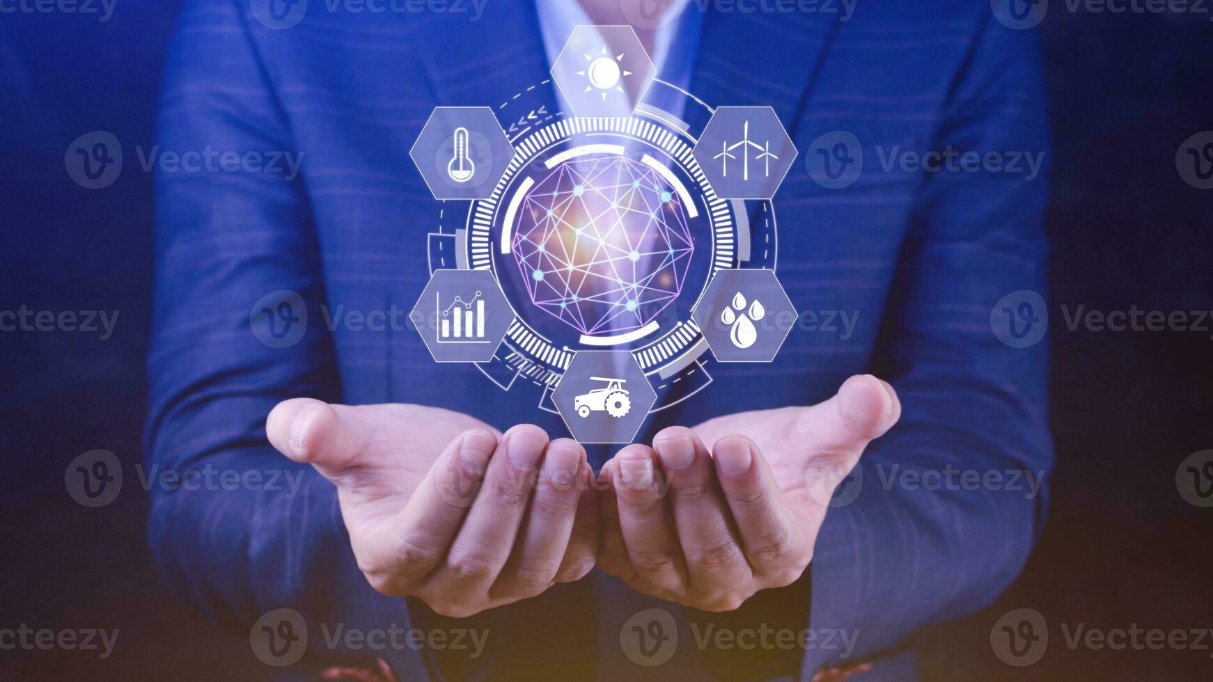 Using hand holding with infographics Smart farming and precision agriculture with visual icon, Innovation technology for smart farm system, Agriculture management, smart technology concept photo