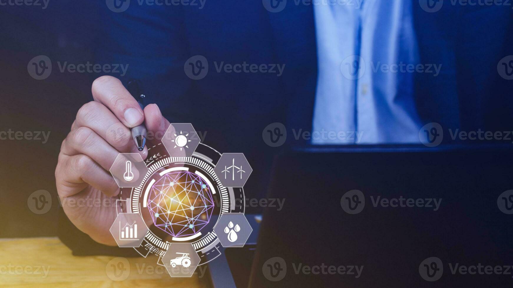 Using hand pressing with infographics Smart farming and precision agriculture with visual icon, Innovation technology for smart farm system, Agriculture management, smart technology concept photo