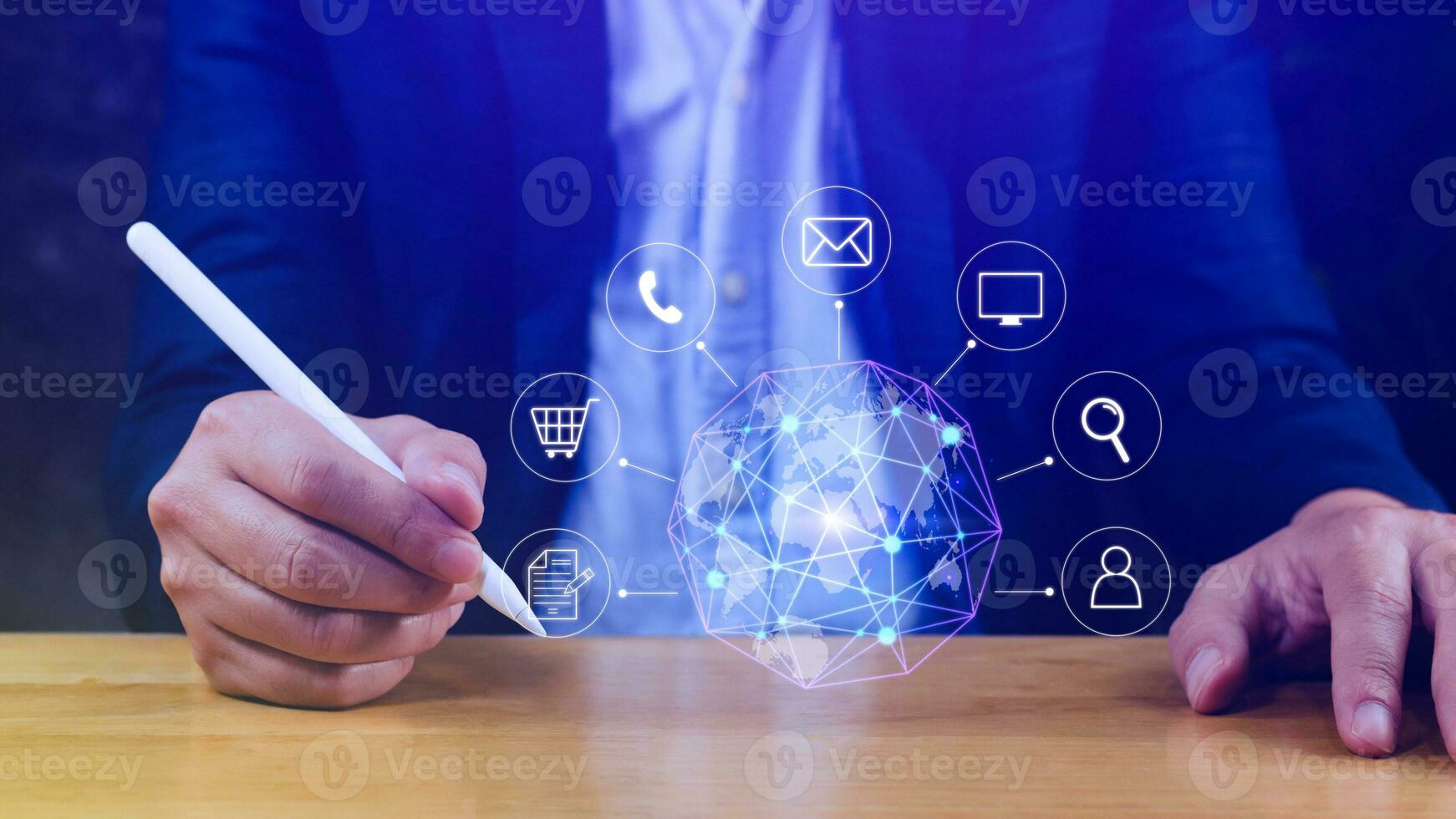 Businessman touching Global network connection digital business hologram, Big data analytics and business intelligence concept, Infograph, technology. photo