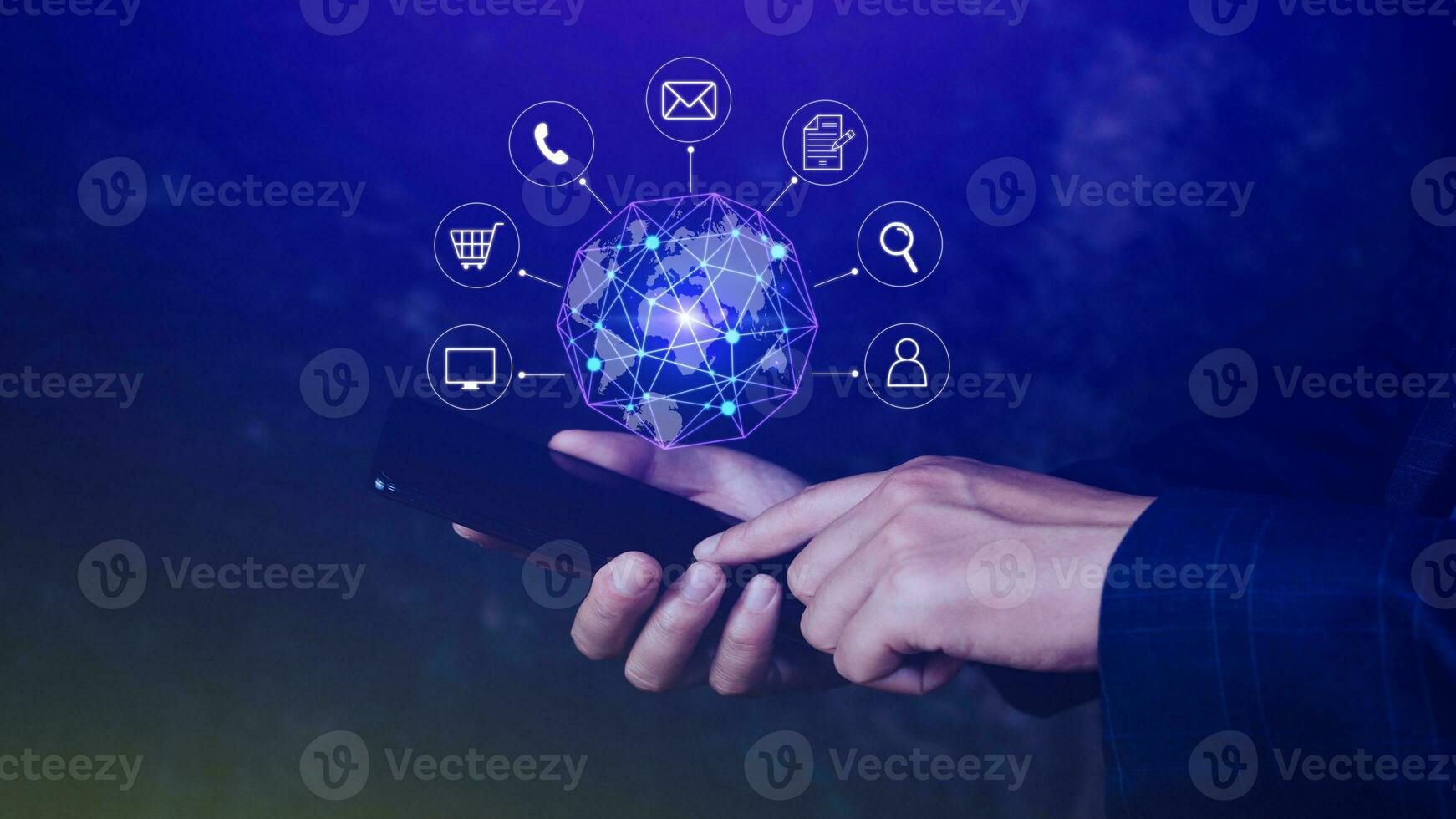 Businessman touching Global network connection digital business hologram on smartphone, Big data analytics and business intelligence concept, Infograph, technology. photo