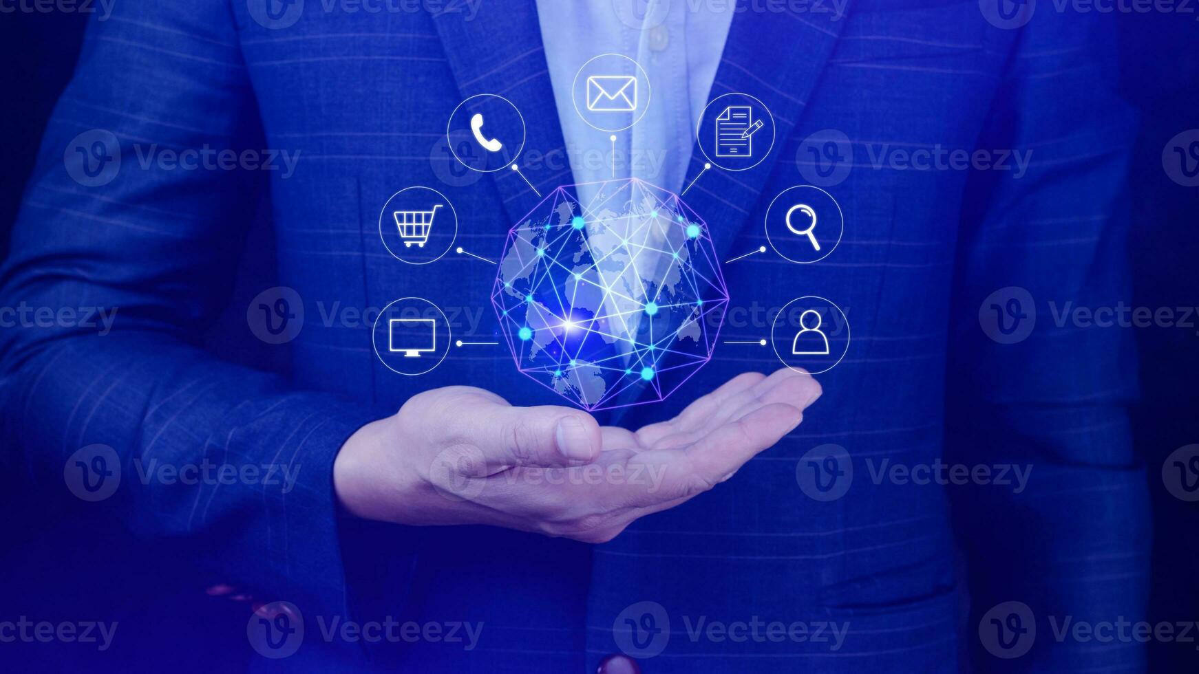 Businessman holding Global network connection digital business hologram, Big data analytics and business intelligence concept, Infograph, technology. photo