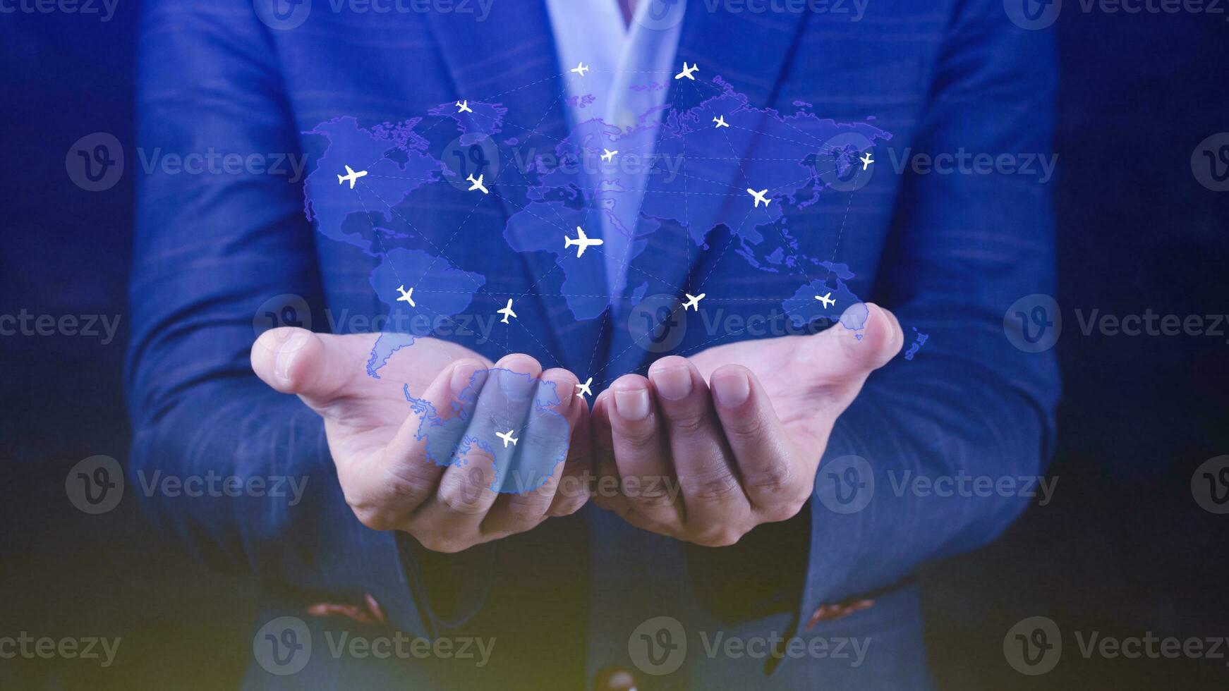 Businessman hand pushing flight booking networking, Hand pressing light blue world map with flight routes airplane, Transportation concept. photo