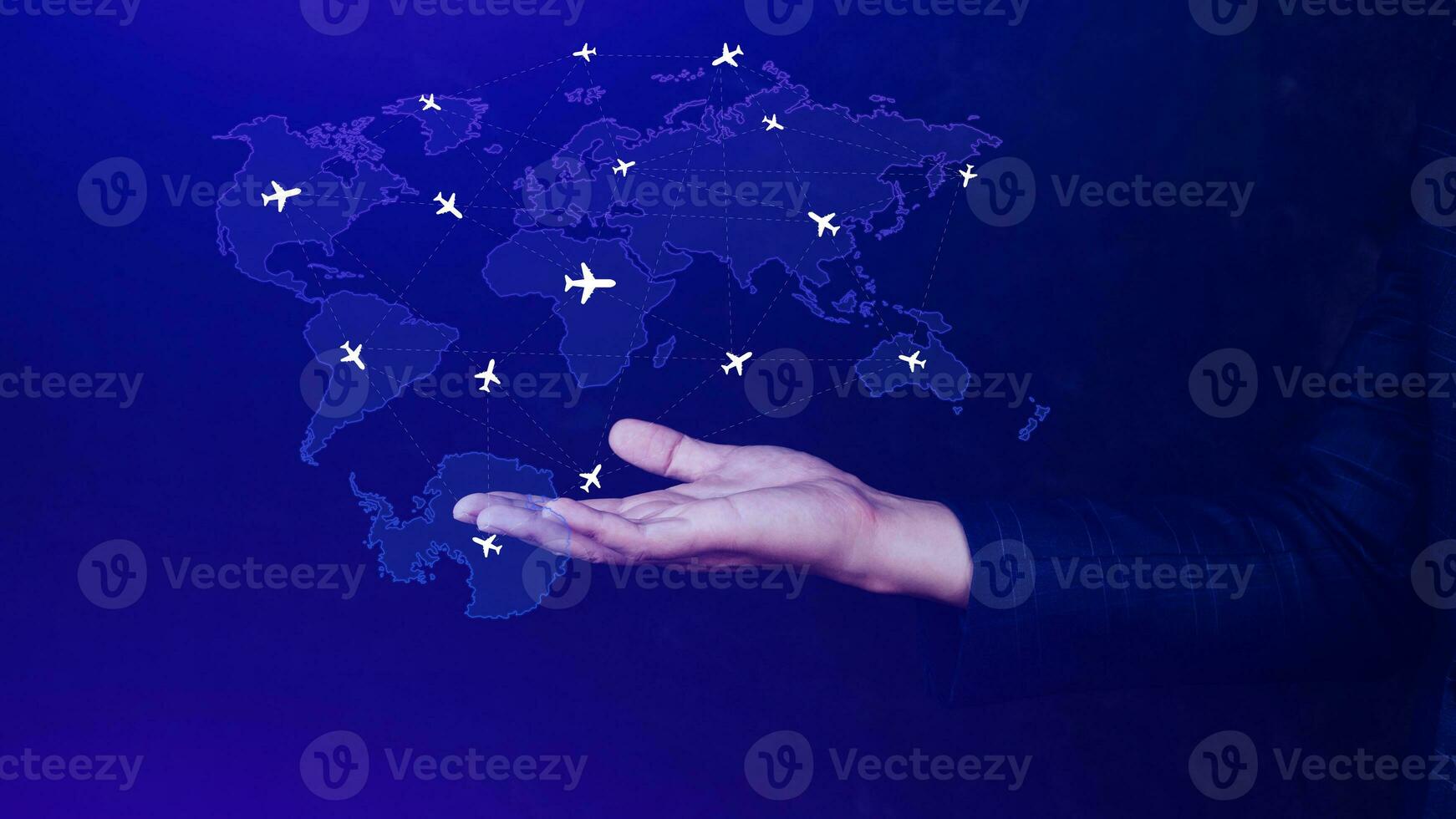 Businessman hand pushing flight booking networking, Hand pressing light blue world map with flight routes airplane, Transportation concept. photo